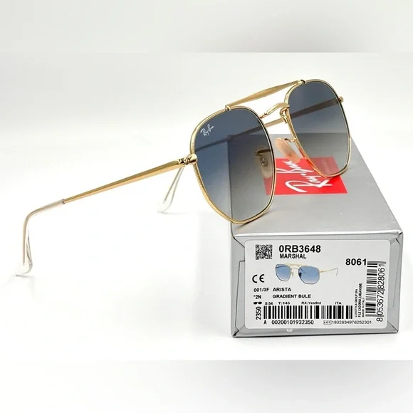 Ray-Ban Sunglasses Marshal II RB3648 Aviator Gold Hexagon Frame Light Blue 360 - Picture 7 of 15